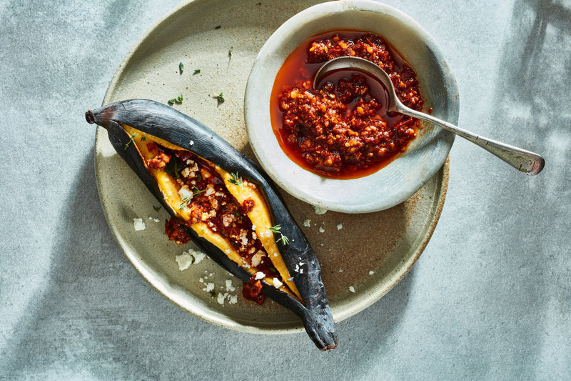 Roasted Plantains with Chili-Peanut-Lime Salsa and Feta